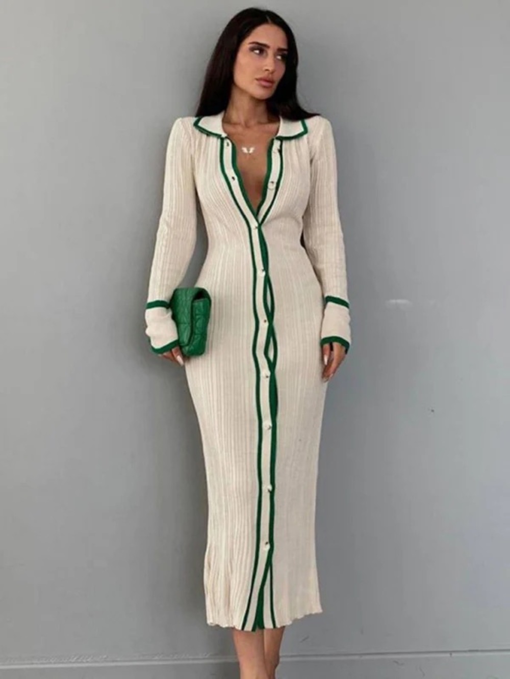 NWT MICAS Cream Ribbed Knit Button-Front Dress with Green Trim SMALL